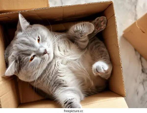 A gray cat is lying in a cardboard box