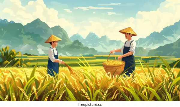 Two farmers harvesting rice in a golden rice field with mountains in the background