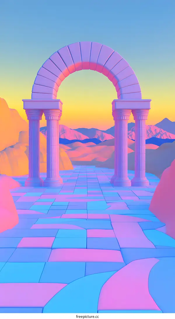 Archway in a Surreal Landscape With a Neon Sunset
