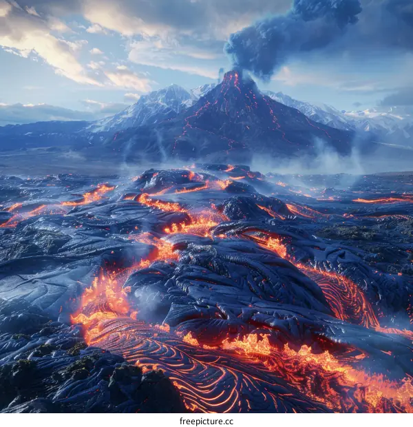 Lava Flowing Down A Volcano Mountainside