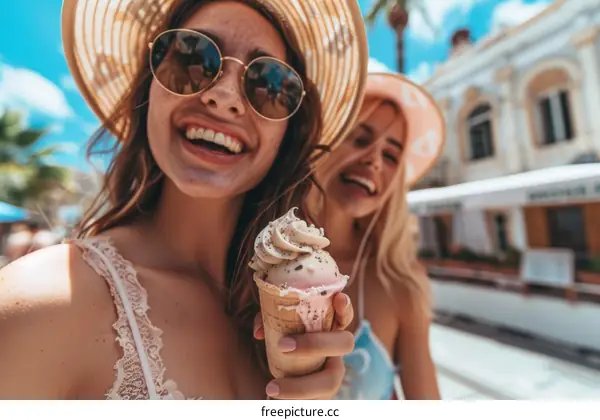 Two happy young women friends walking in the street and eating ice cream