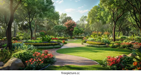 Vibrant park with colorful flowers and lush green trees