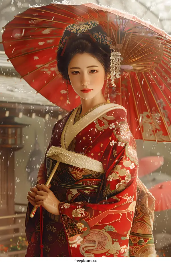 Portrait of a Japanese woman in traditional kimono holding a red umbrella