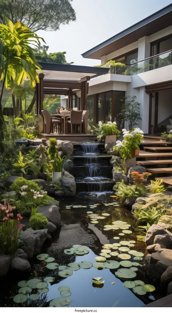 A beautiful house with a waterfall and a pond in the garden