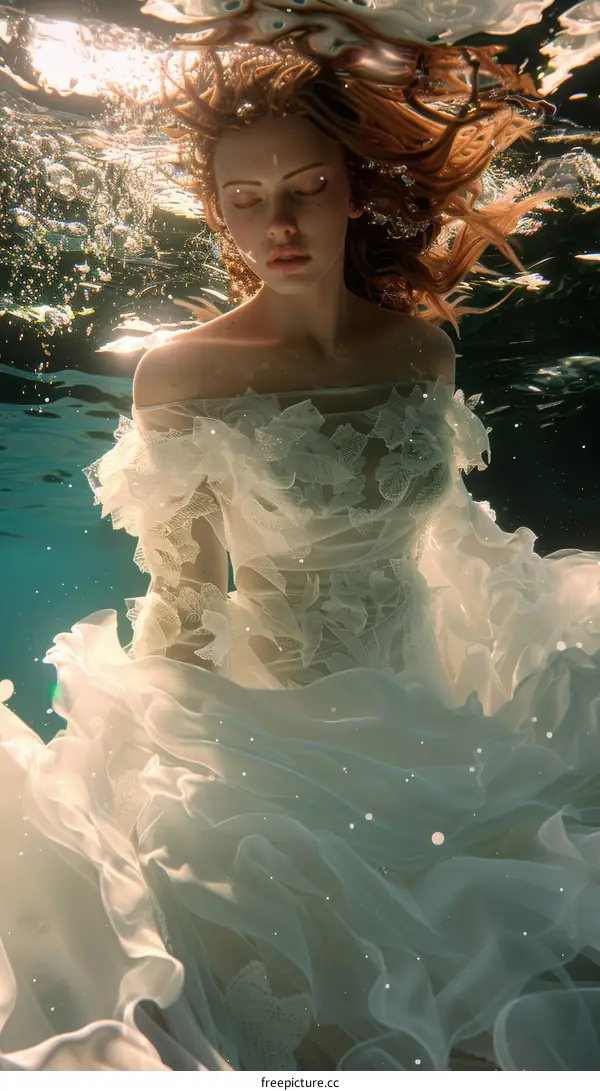 An ethereal underwater portrait of a redhead woman in a flowing white wedding dress