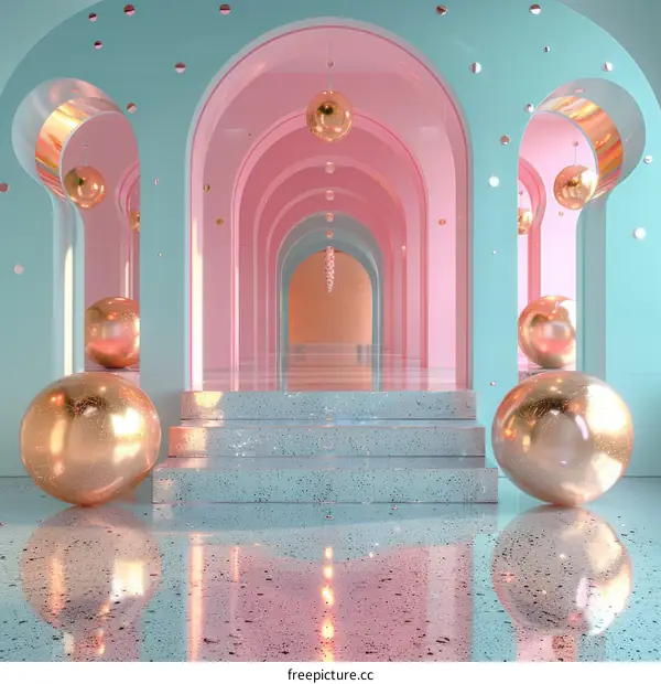 Gilded Orbs in Geometric Corridor