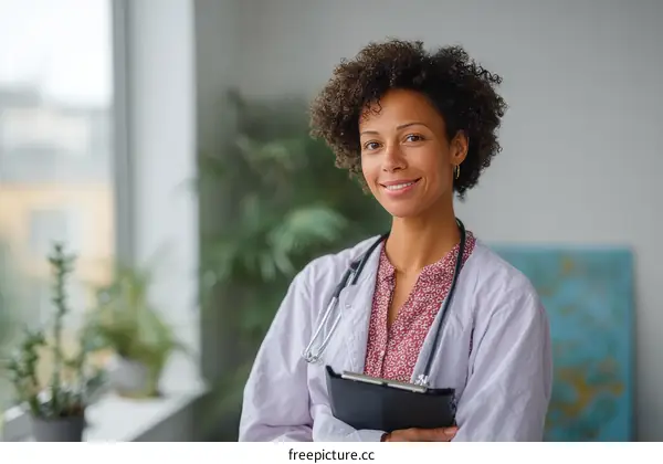 Smiling African American Doctor Holding Clipboard