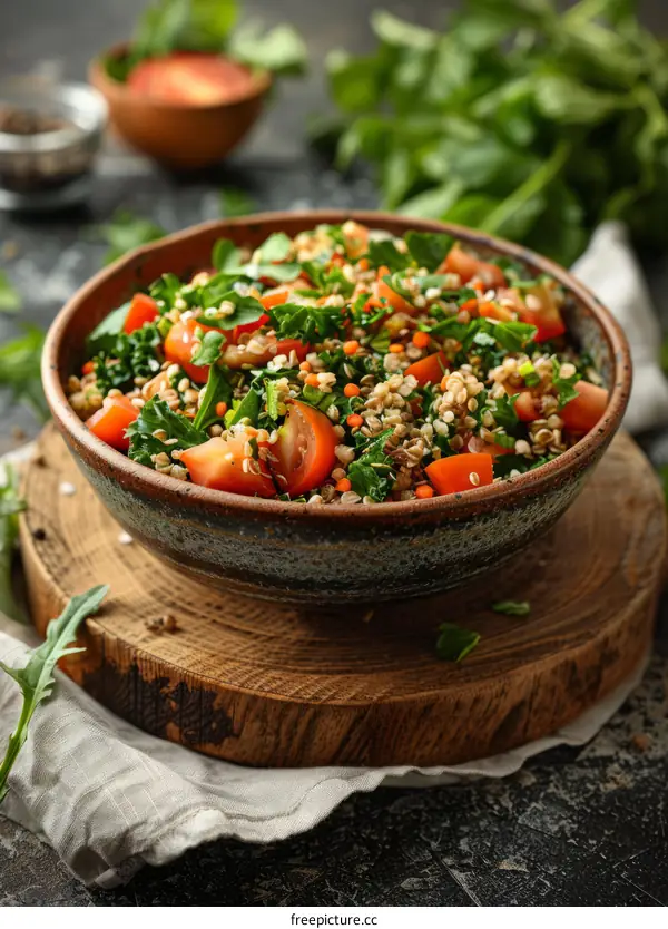 Lentil salad with tomatoes, kale and buckwheat