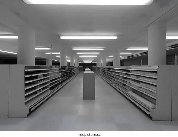 Empty Grocery Store Aisle With Fluorescent Lights