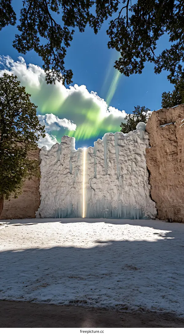 Frozen Waterfall With Green Light Aurora Borealis