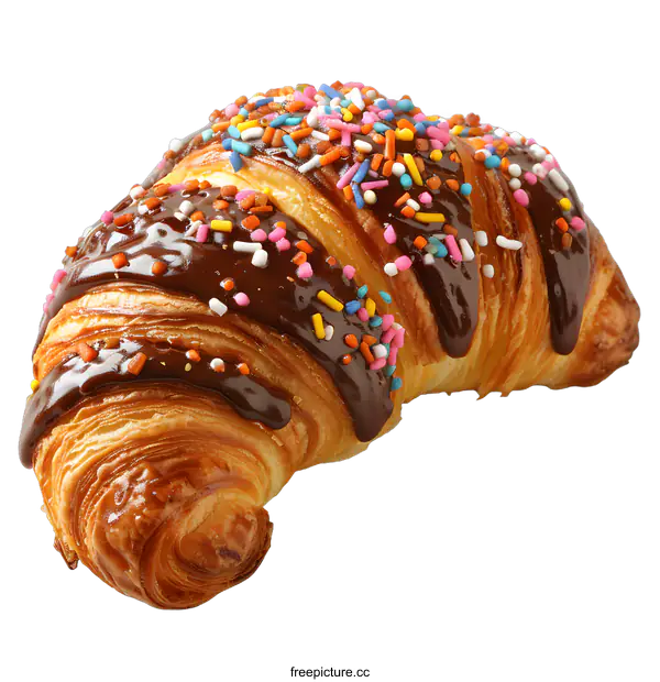 [Transparent Background PNG]A chocolate croissant with rainbow sprinkles on a white background