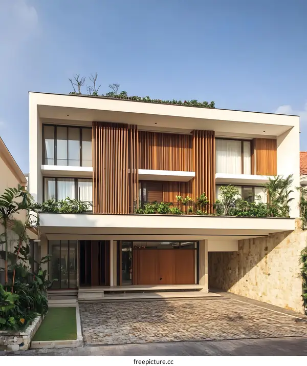 Modern Home with Wooden Facade and Green Roof