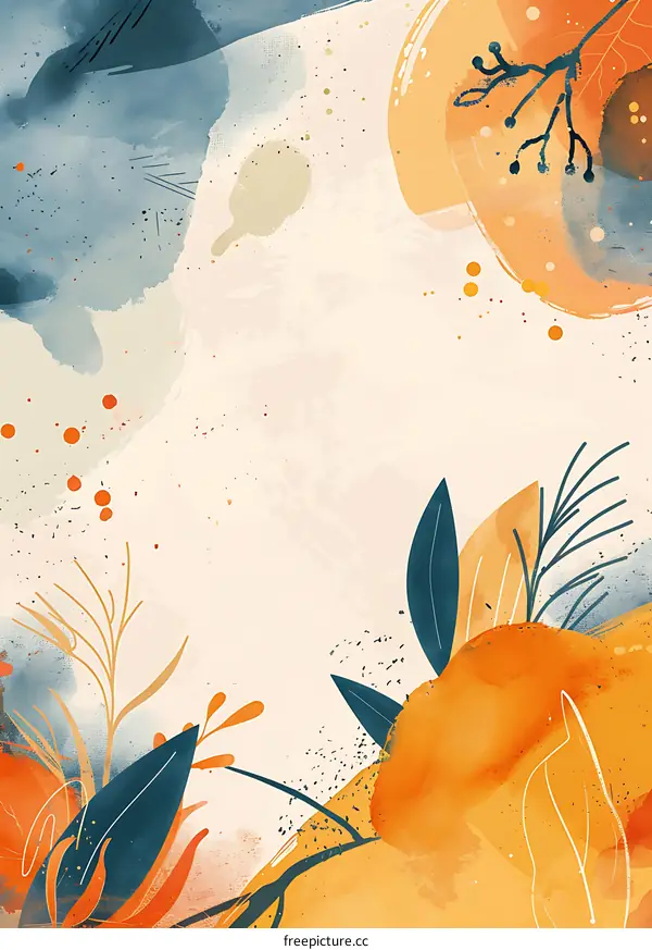 Abstract Watercolor Painting with Leaves and Splashes of Color