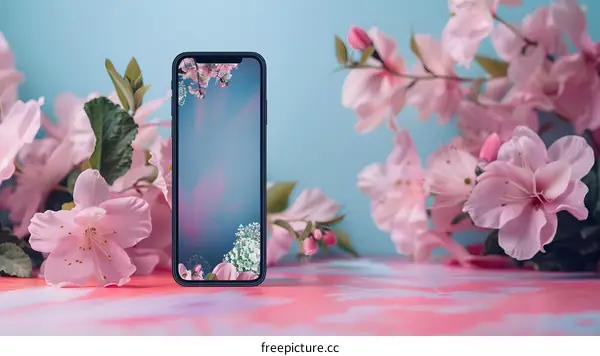 Pink Flowers and a Phone on a Blue Background