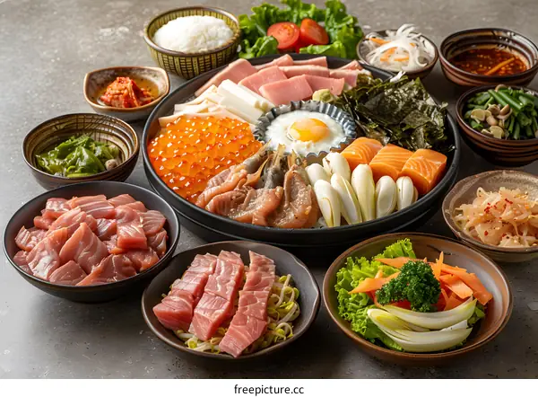 A variety of fresh seafood and side dishes are served on a large platter.