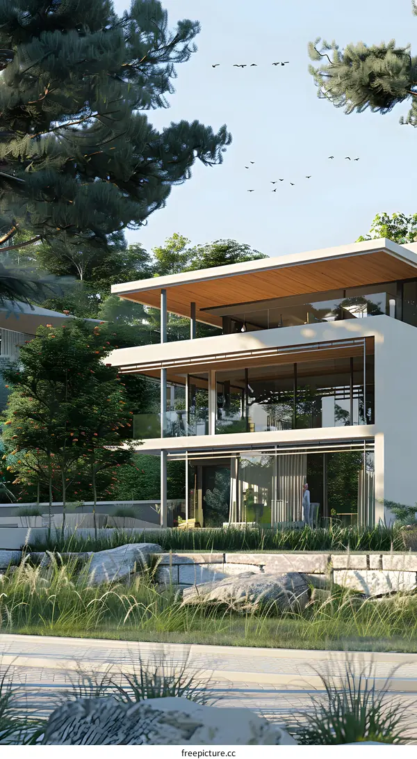 Modern Glass House with Trees and Birds in the Sky