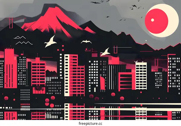 Cityscape with Mountain and Red Moon