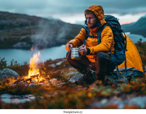 Man camping alone in the wilderness
