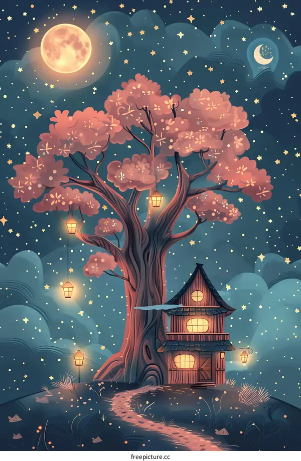 Night Sky Tree House Illustration