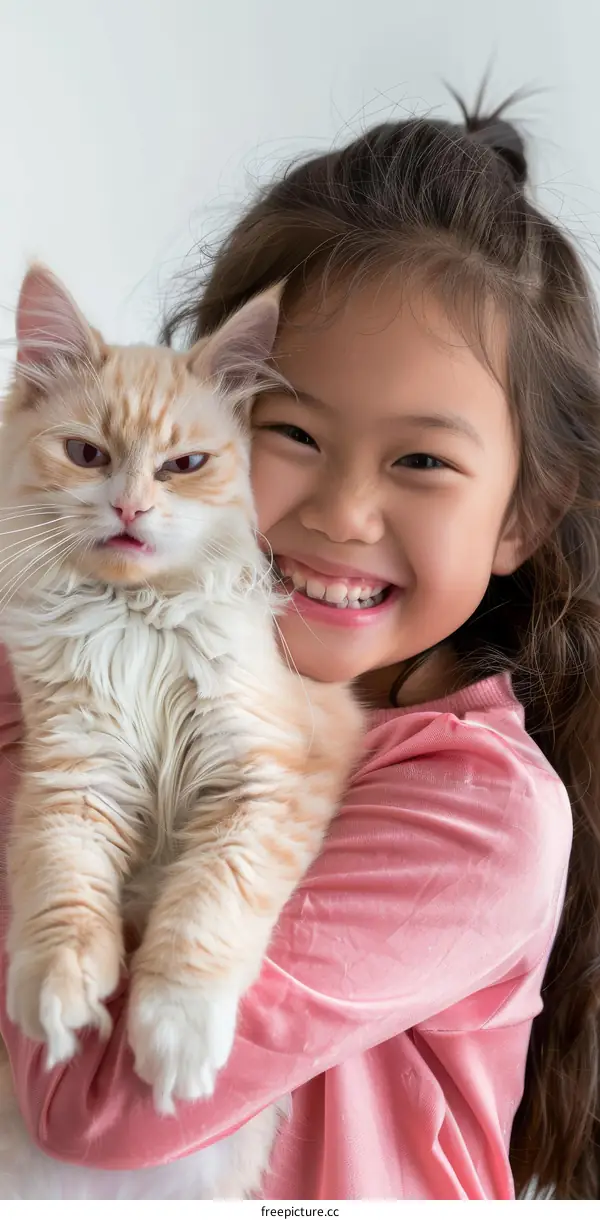 A girl is hugging an orange cat