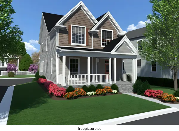 Two Story House With Front Porch And Landscaping