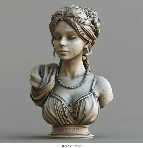 A 3D rendering of a womans head and shoulders. The woman is wearing a classical dress and has her hair in a bun.