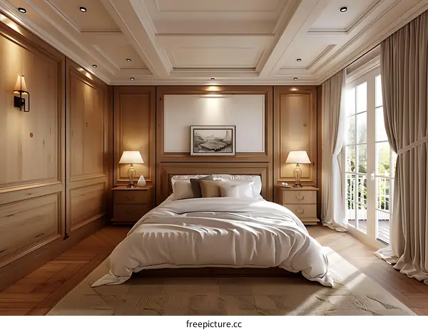 Wooden wall panels and headboard background wall design效果图