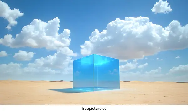 Blue Glass Cube in Desert Landscape Under Blue Sky with White Clouds