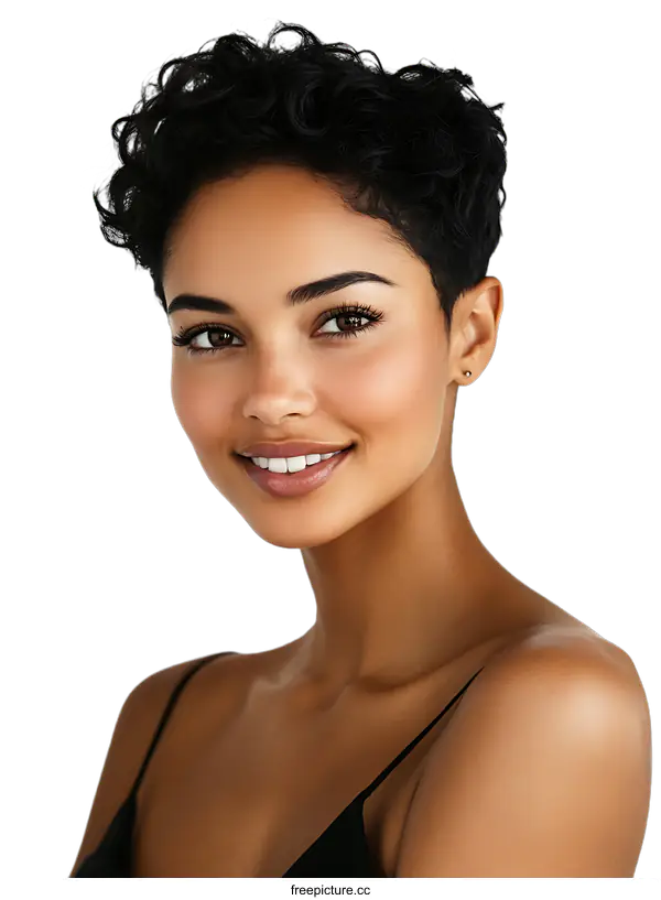 [Transparent Background PNG]Beautiful Portrait of a Smiling African Woman with Short Curly Hair
