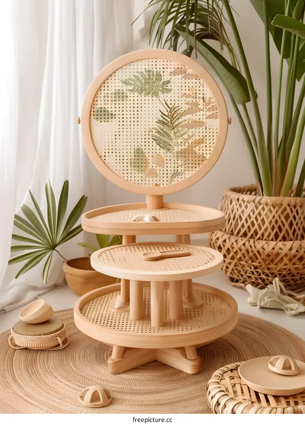 Wooden Three Tiered Round Stand with Woven Rattan Top