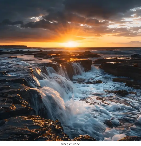 Sunrise over the Ocean with Waterfall