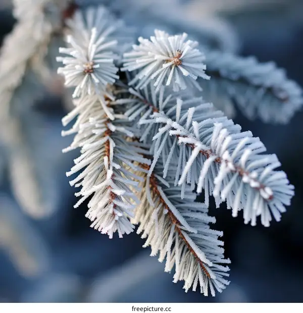 Close-up of a fir tree branch covered in frost and snow