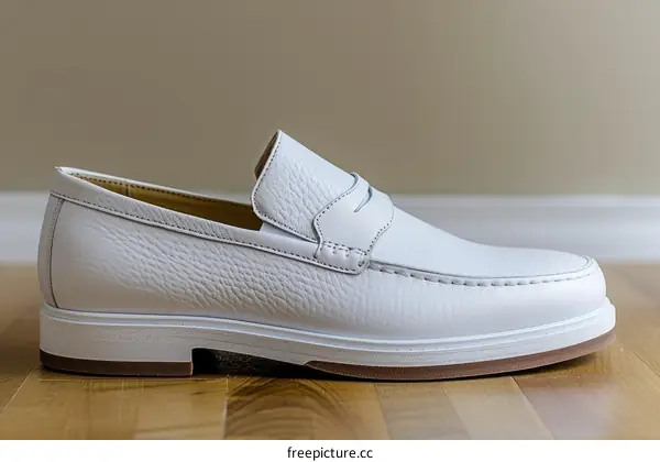 A single white leather loafer on a wooden floor against a beige background