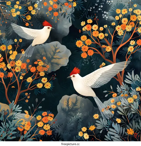 Two White Birds with Red Crests Flying Through a Floral Landscape