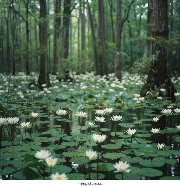 White water lilies in a dark swamp