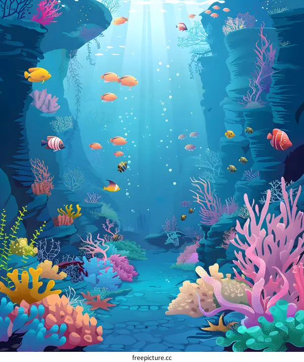 Colorful Underwater Scene with Reefs and Fish