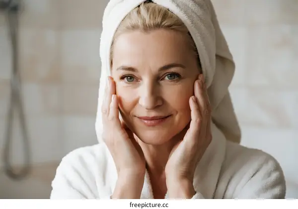 Mature Woman Wearing Towel Turban After Shower