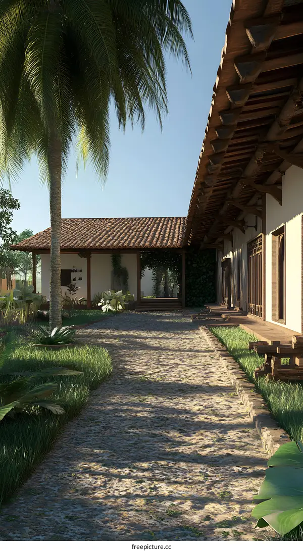 Tropical Courtyard with Palm Tree and Stone Path