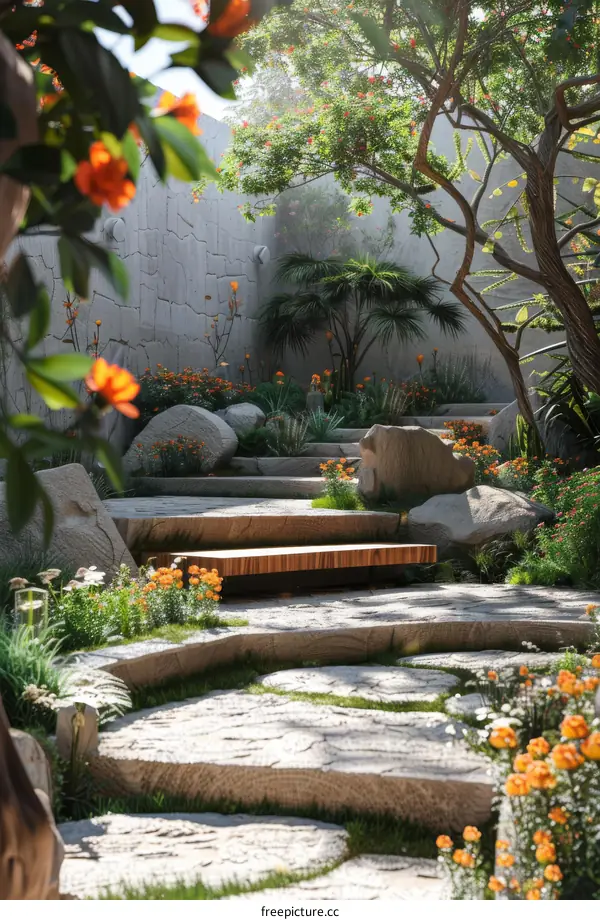 Beautiful Garden Pathway with Stone Steps and Flowers