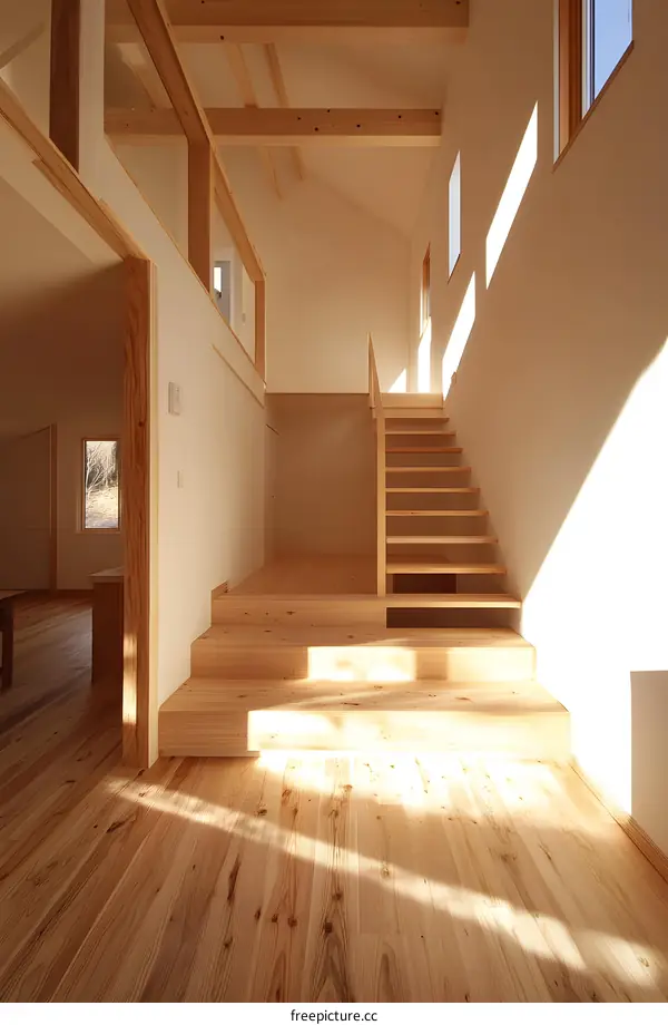 Sunlight Streaming Through Windows in Modern Wooden House Interior