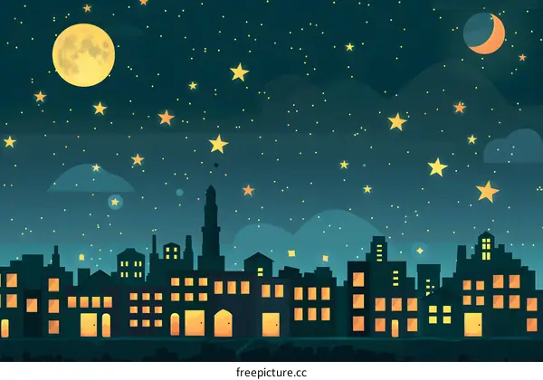 Night City Skyline with Stars and Moon