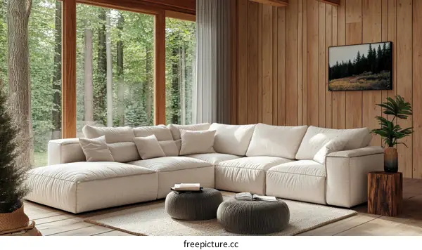 Modern Sectional Sofa in a Light Beige Tone with Natural Wood Accents