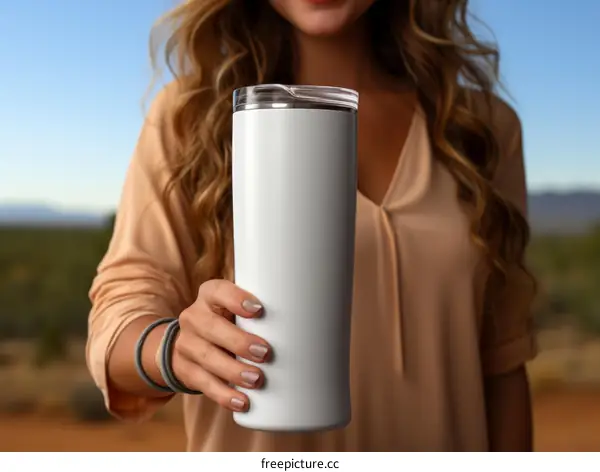 Close-up image of woman holding a white tumbler with a clear lid