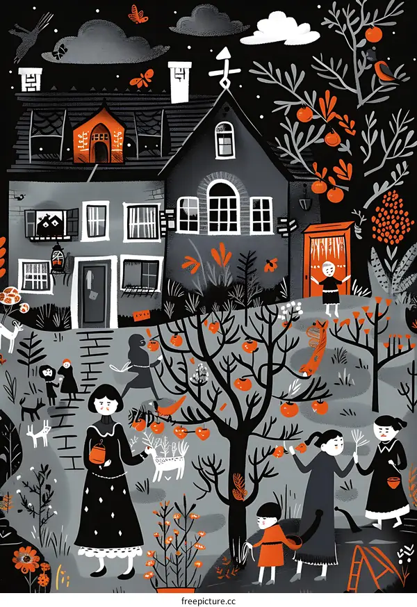 Illustrated Garden with Women and Children Picking Fruit