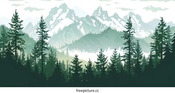 Green Forest Mountain Landscape Illustration