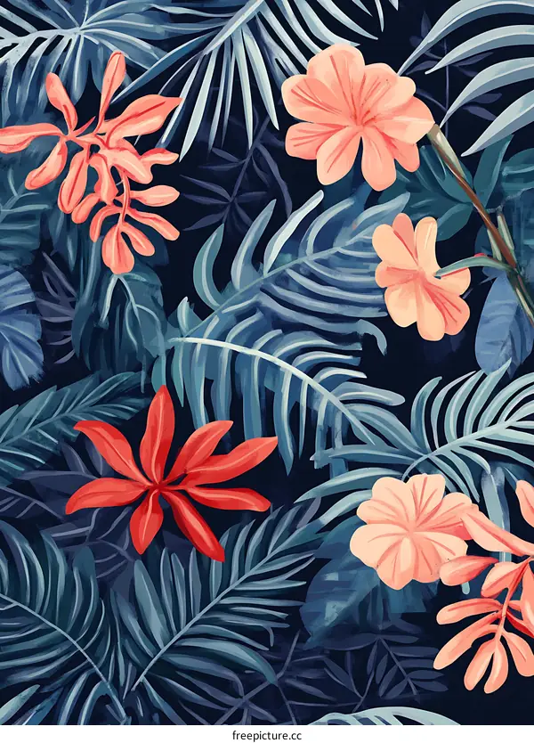 Tropical Floral Pattern with Blue Leaves