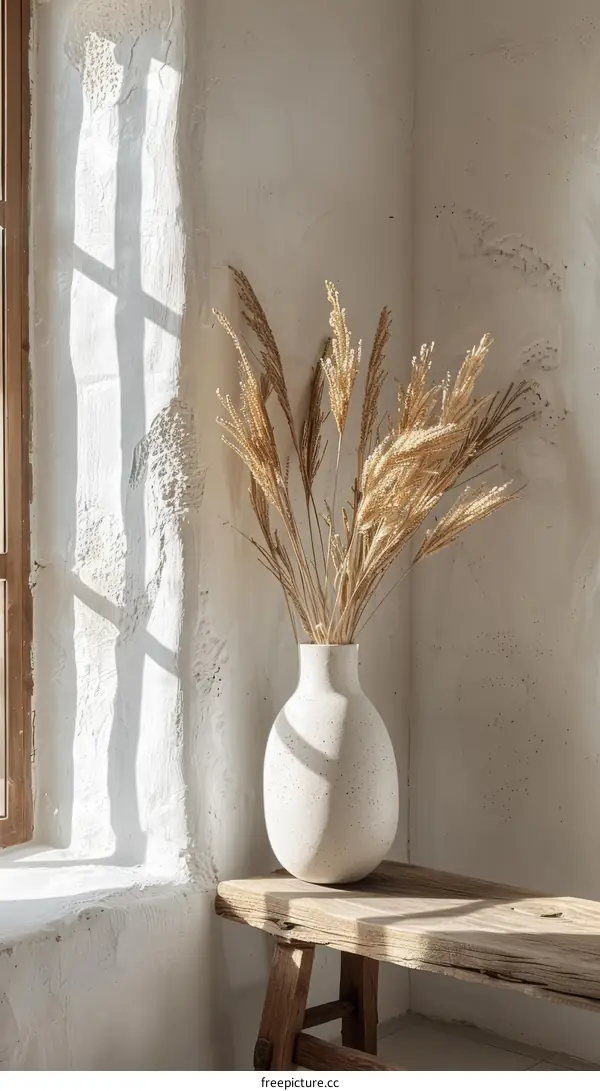 Ceramic Vase of Dried Wheat Stalks Beside a Window