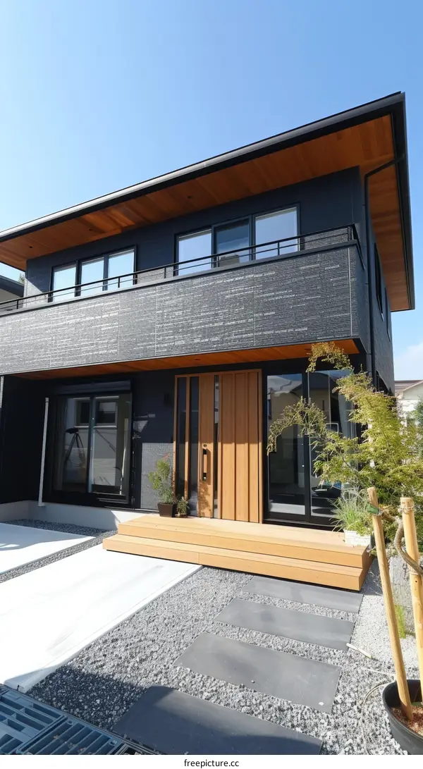 A modern two-story house with a wooden door and a balcony