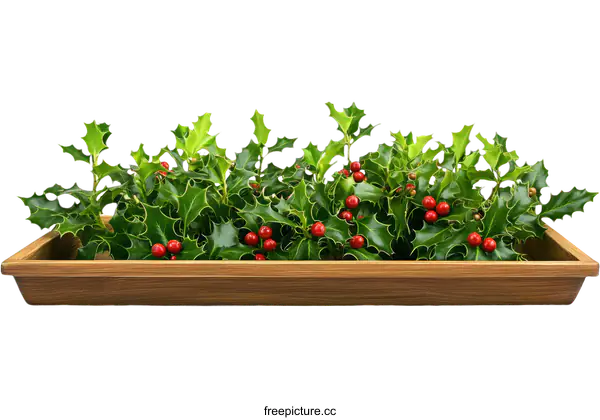 [Transparent Background PNG]Christmas Holly Sprigs in Wooden Tray
