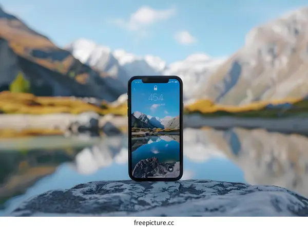 Smartphone on a Rock with Mountain and Lake Background